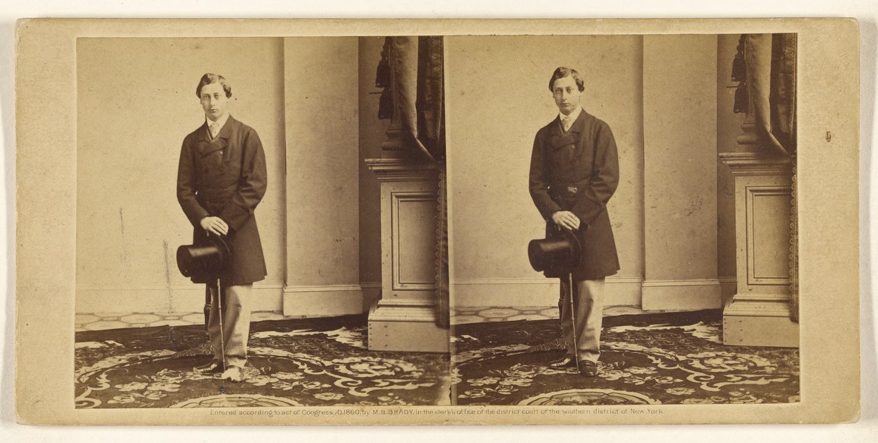 [Niezidentyfikowany młody mężczyzna stojący z cylindrem i laską] autorstwa Mathew B. Brady