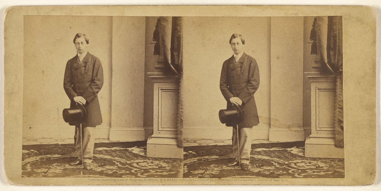 [Niezidentyfikowany młody mężczyzna stojący z cylindrem i laską] autorstwa Mathew B. Brady