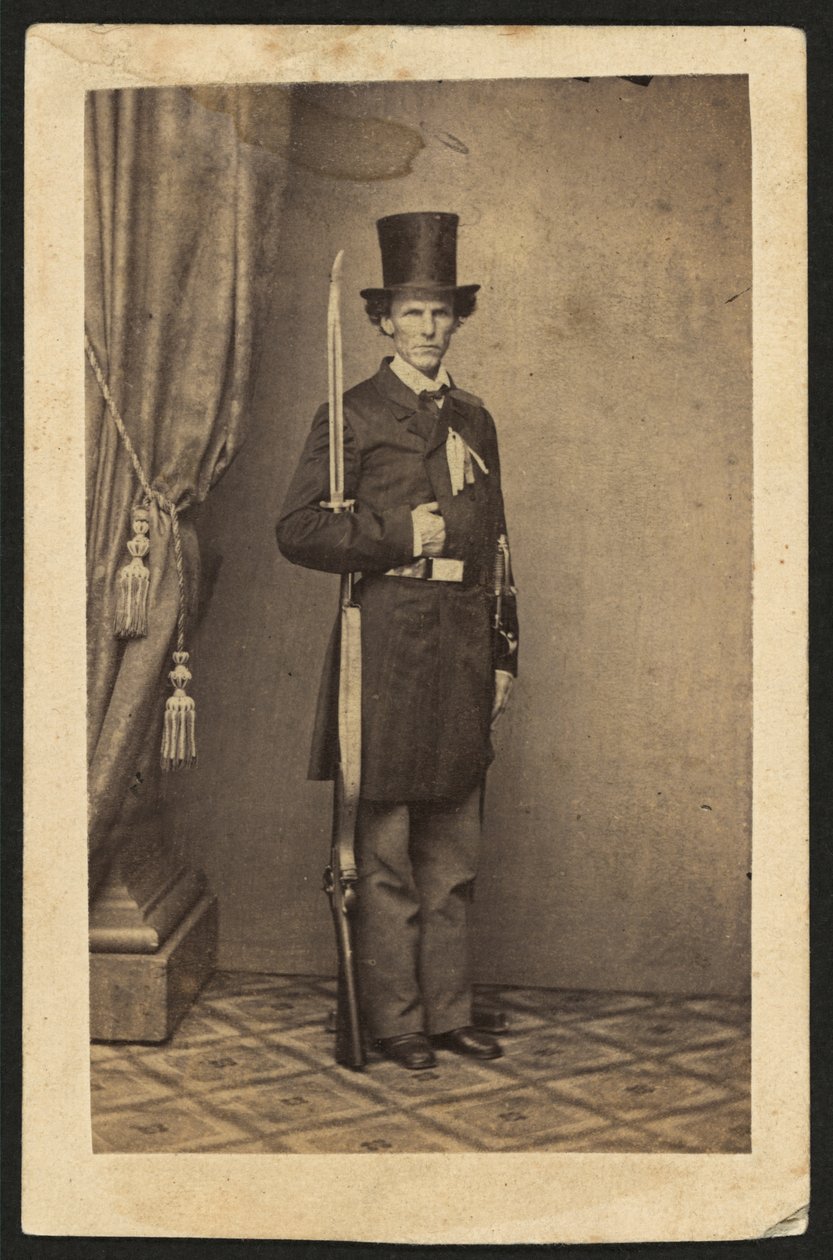 James Henry Lane (1814-1866), polityk i przywódca Partii Wolnego Państwa Kansas, portret pełnometrażowy, z pistoletem (zdjęcie w sepii) autorstwa Mathew B. Brady