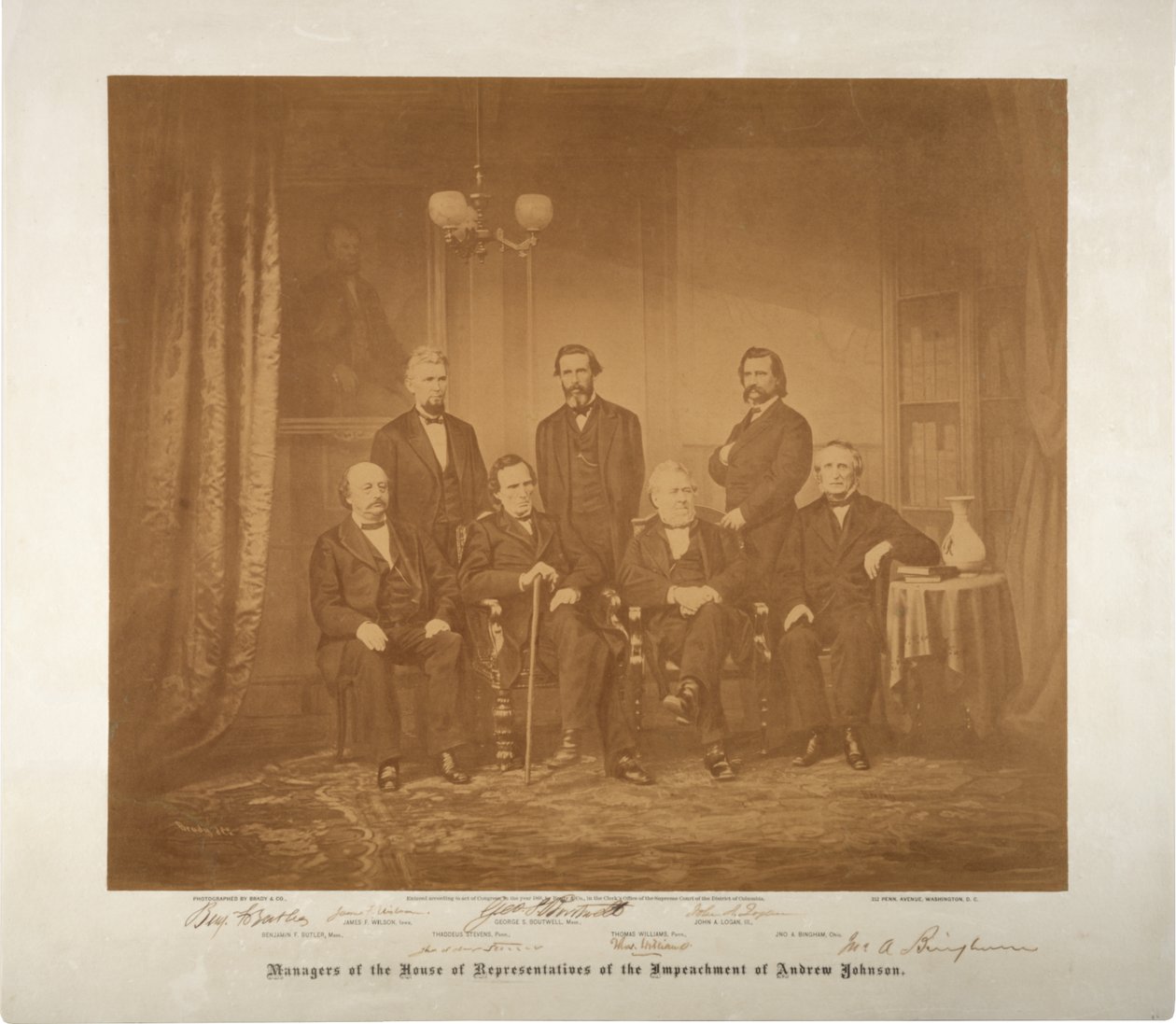 Kierownicy Izby Reprezentantów impeachmentu, 1868 (zdjęcie w sepii) autorstwa Mathew B. Brady