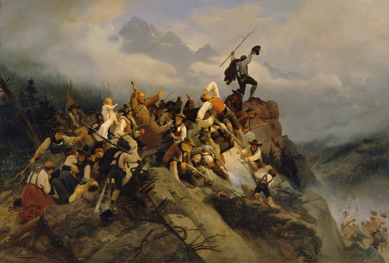 Ojciec Joachim Haspinger wśród walczących rolników, 1842 r. autorstwa Mathias Artaria