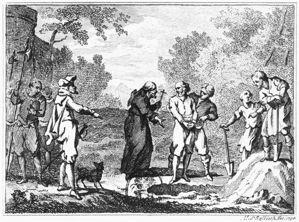 Egzekucja flamandzkich protestantów przez hiszpańskich katolików, 1790 autorstwa Mathias de Sallieth