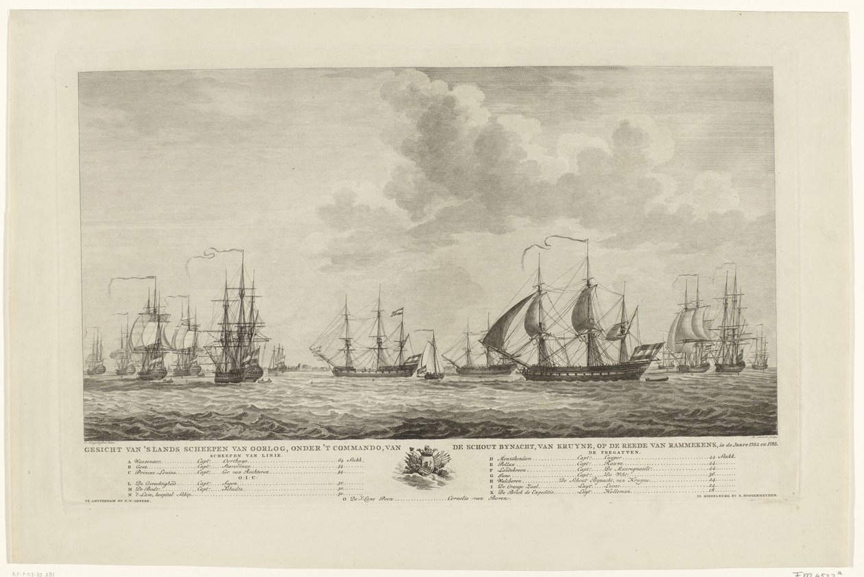 Holenderska flota wojenna u wybrzeży Rammekens, 1782-1783 Widok narodowych okrętów wojennych pod dowództwem kontradmirała van Kruyne na redzie Rammekens, w den Jaare 1782 i 1783 (tytuł na obiekcie) autorstwa Mathias de Sallieth