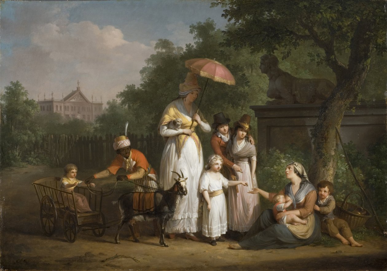 Szlachetna rodzina rozdaje jałmużnę w parku — Szlachetna rodzina rozdaje jałmużnę w parku, Bree, Mathieu Ignace van (1773-1839). olej na drewnie autorstwa Mathieu Ignace van Bree
