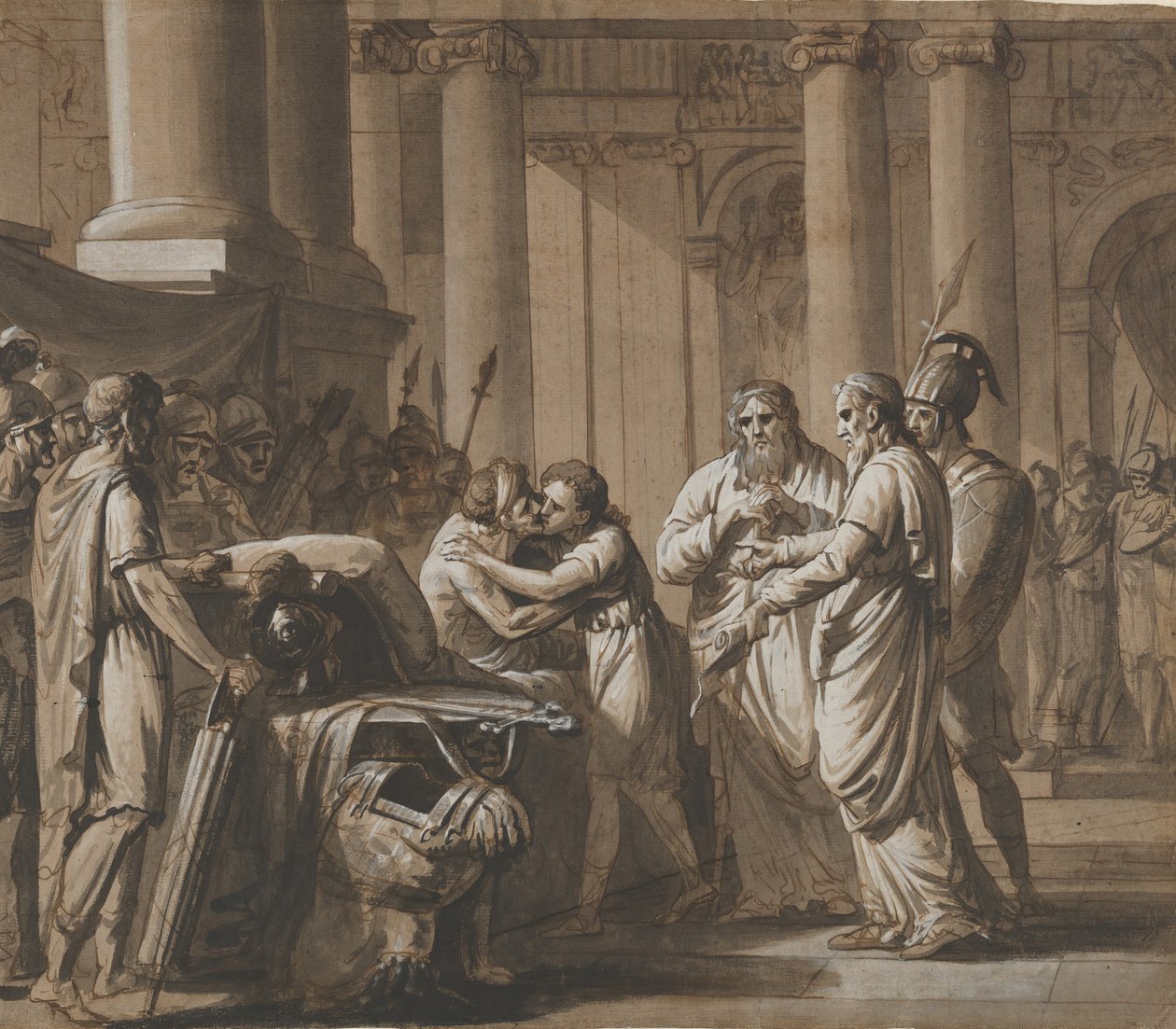 Scena z historii rzymskiej, przedstawiająca młodzieńca odbierającego zbroję od umierającego..., koniec XVIII-poł. XIX w. autorstwa Mathieu Van Brée