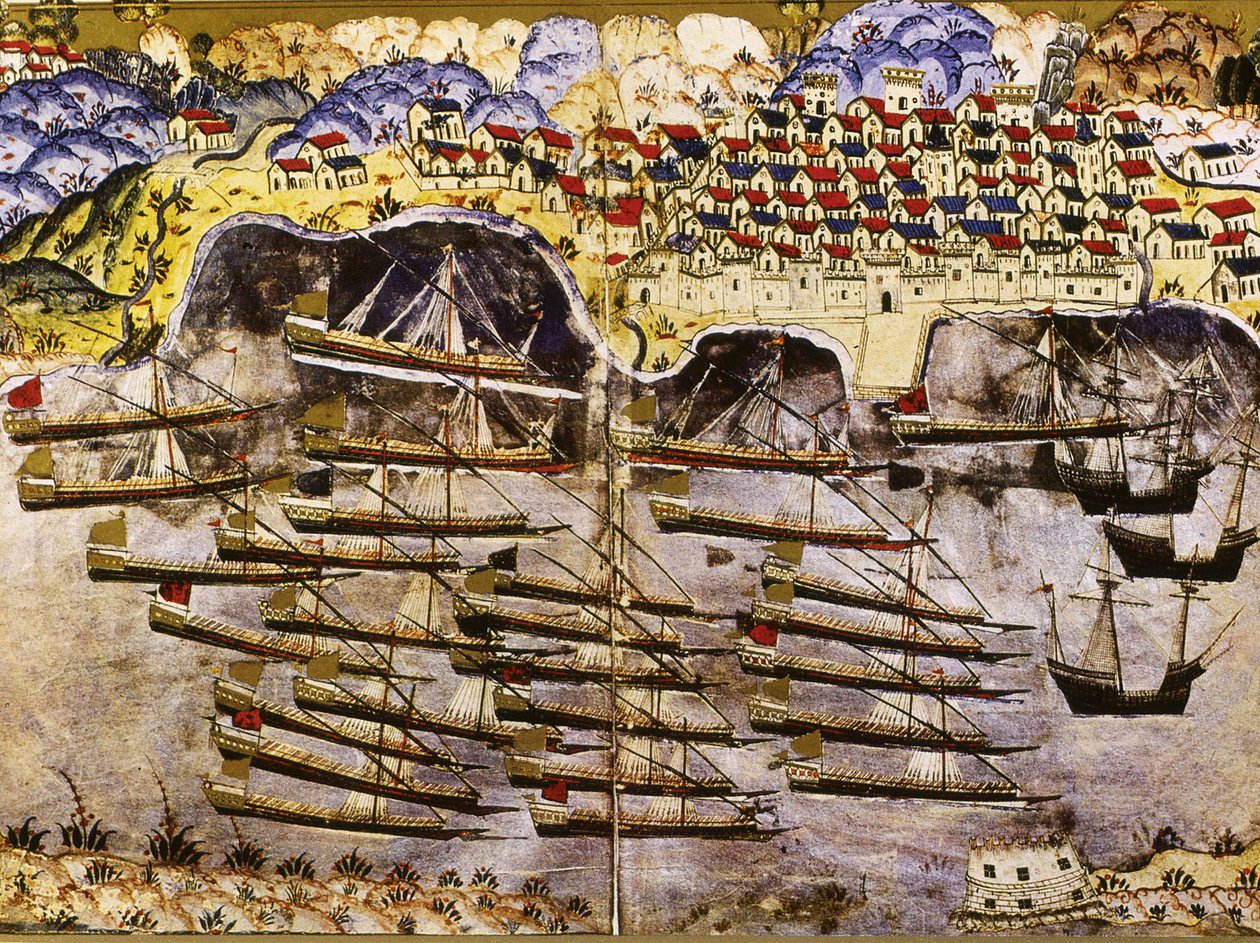 Flota Barbarossy zimująca we francuskim porcie w Tulonie, 1543, połowa XVI wieku autorstwa Matrakci Nasuh