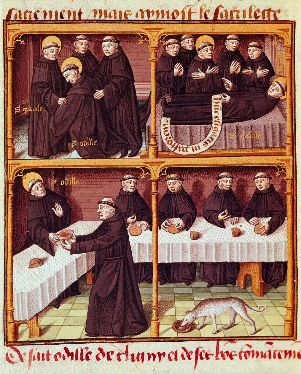 Refectoire de monines Miniatura z rękopisu „Speculum historiale” (ms. 1196, k. 141 v.) Vincenta de Beauvais (1184/94-1264) inluminowanego przez Mistrza Francois (XV w.). Chantilly, Muzeum Conde autorstwa Maître François