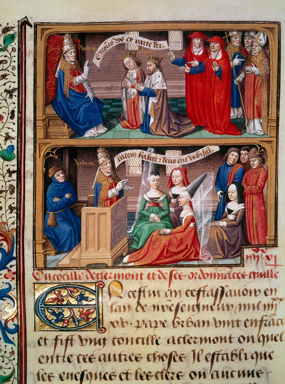 Reprezentacja soboru w Clermont w 1095 pod przewodnictwem papieża Urbaina II (1042-1099) głoszącego pierwszą krucjatę. Miniatura zaczerpnięta z rękopisu „Speculum historiale” (Le Mirror historial) Vincenta de Beauvais (1184/94-1264) autorstwa Maître François