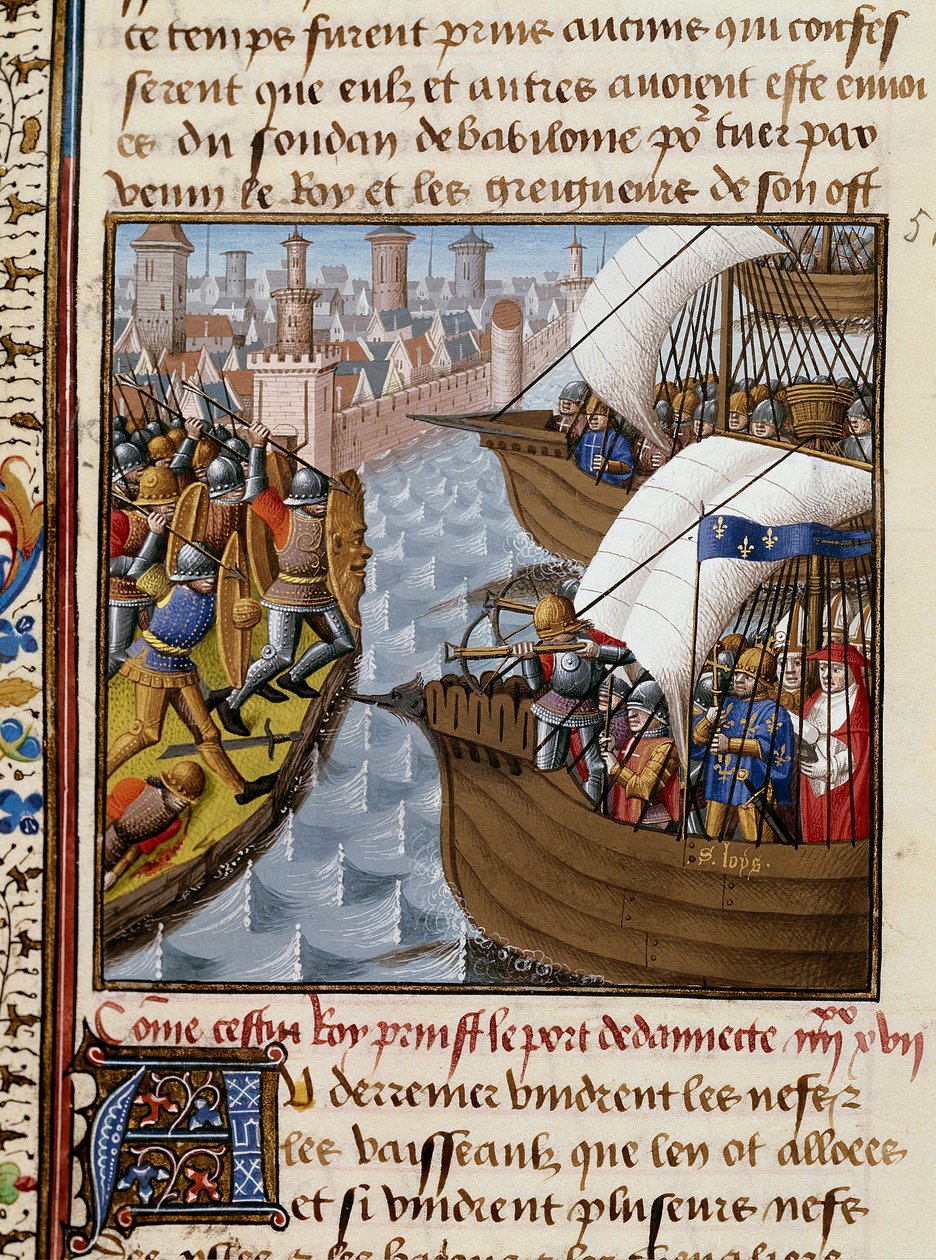 Siódma krucjata: król Saint Louis (1214-1270) i przeprawy oblegające Damiettę w czerwcu 1249 w Dolnym Egipcie. Miniatura zaczerpnięta z rękopisu „Speculum historiale” (Le Mirror historyl) autorstwa Vincenta de Beauvais (1184/94-1264) inluminowanego przez M autorstwa Maître François