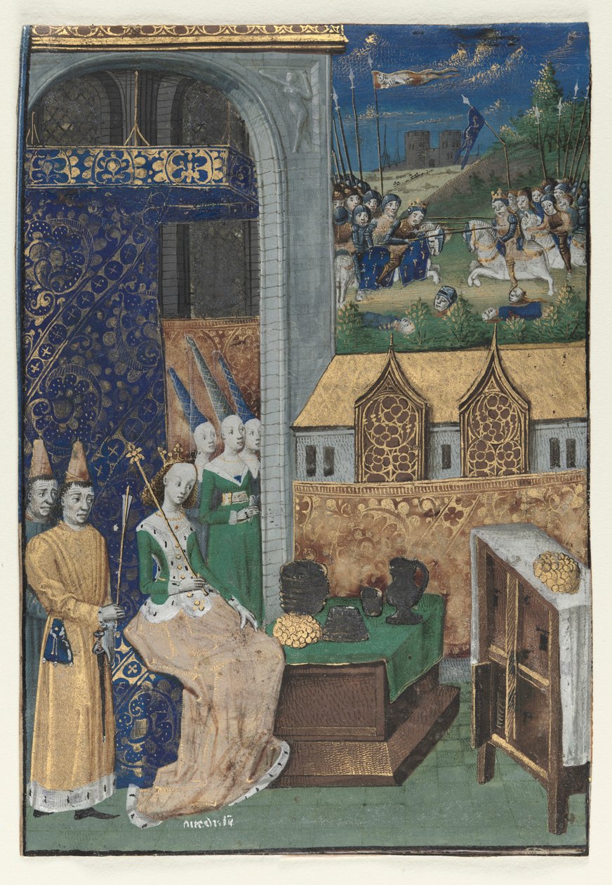 Pojedyncza miniatura wycięta z Boccaccios Des Cleres et nobles femmes: Queen Medusa..., c. 1470. autorstwa Maître François