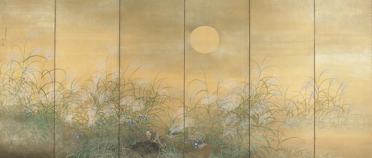 Żerowanie przepiórek pośród Susuki i Kikyo autorstwa Matsumura Keibun