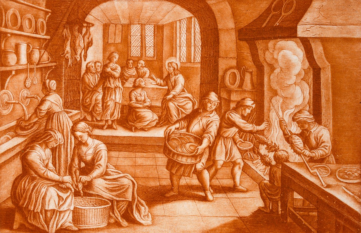 Historia Marii i Marty, ilustracja z Biblii, sztychowana przez J.C. Bodenehra (rycina w sepii) autorstwa Mattaus the Younger Merian