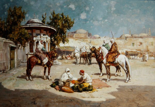 Arabscy wojownicy na rynku, ok. 1910 (olej na desce) autorstwa Matteo Da Angelo Rossotti
