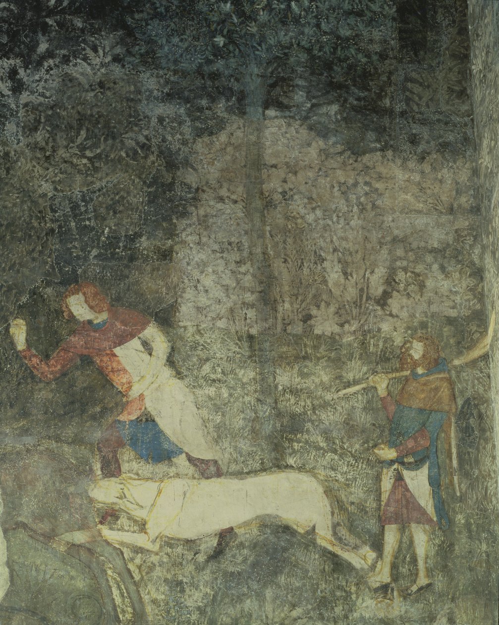 Mężczyźni polujący z psami, fragment dekoracji z La Chambre du Cerf Pokój Kawalerski 1347 fresk autorstwa Matteo Giovanetti