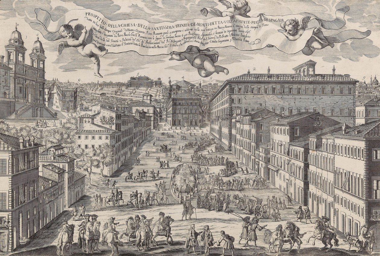 Prospekt kościoła Santissima Trinita de Monti, powszechnie znanego jako Piazza di Spagnia, 1696. autorstwa Matteo Gregorio de Rossi