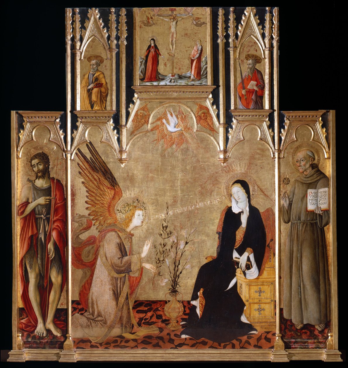 Zwiastowanie ze świętymi Janem Chrzcicielem i Bernardino da Siena. Ukrzyżowanie. Święci Piotr i Paweł, między 1455 a 1464 autorstwa Matteo di Giovanni