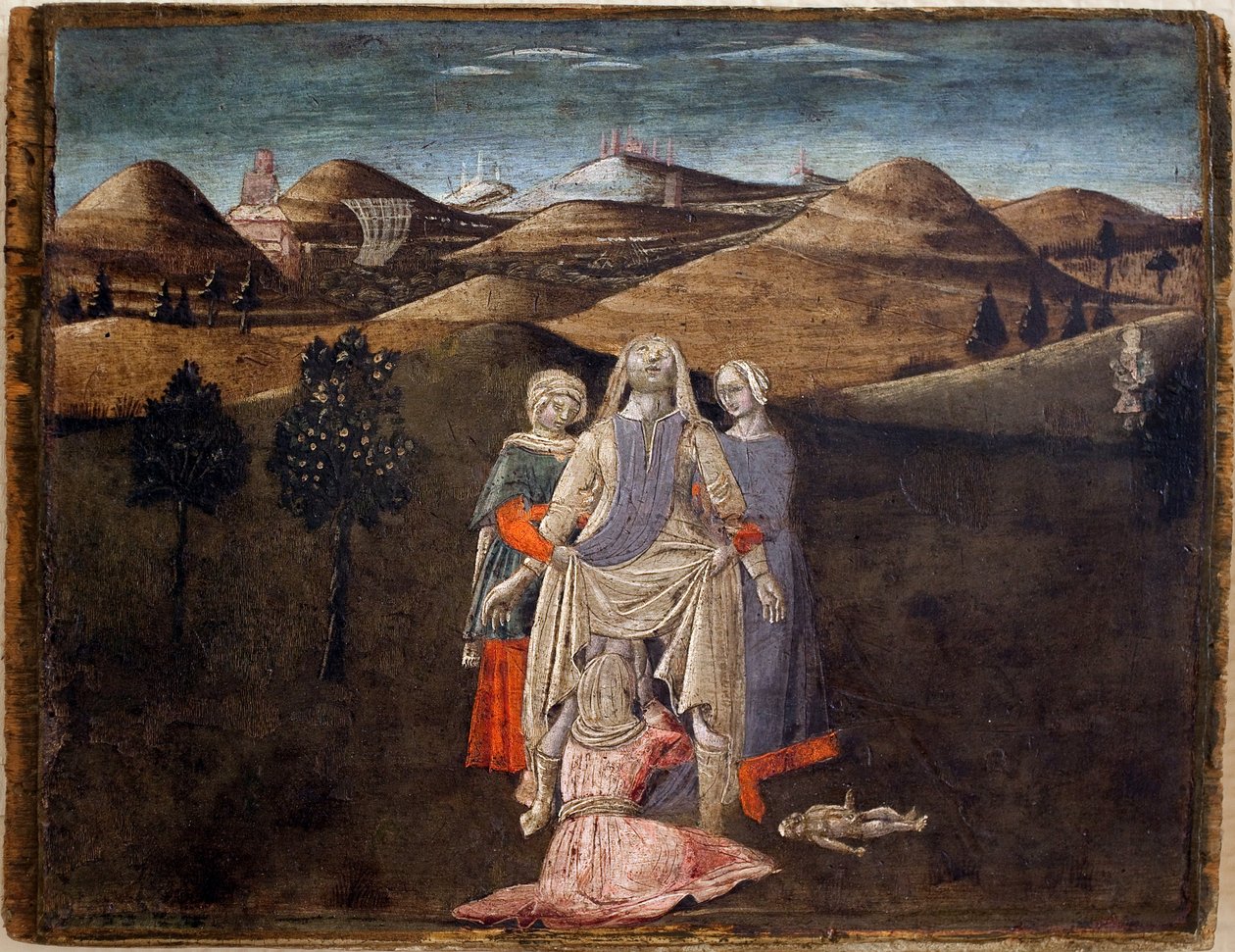 Legenda o Romulusie i Remusie: narodziny Rhea Silvia. Obraz Matteo di Giovanni (1430-1495), detrempe na drewnie, 27,9 x 35,7 cm. Sztuka włoska XV wiek. Musee des Beaux Arts de Libourne. autorstwa Matteo di Giovanni di Bartolo