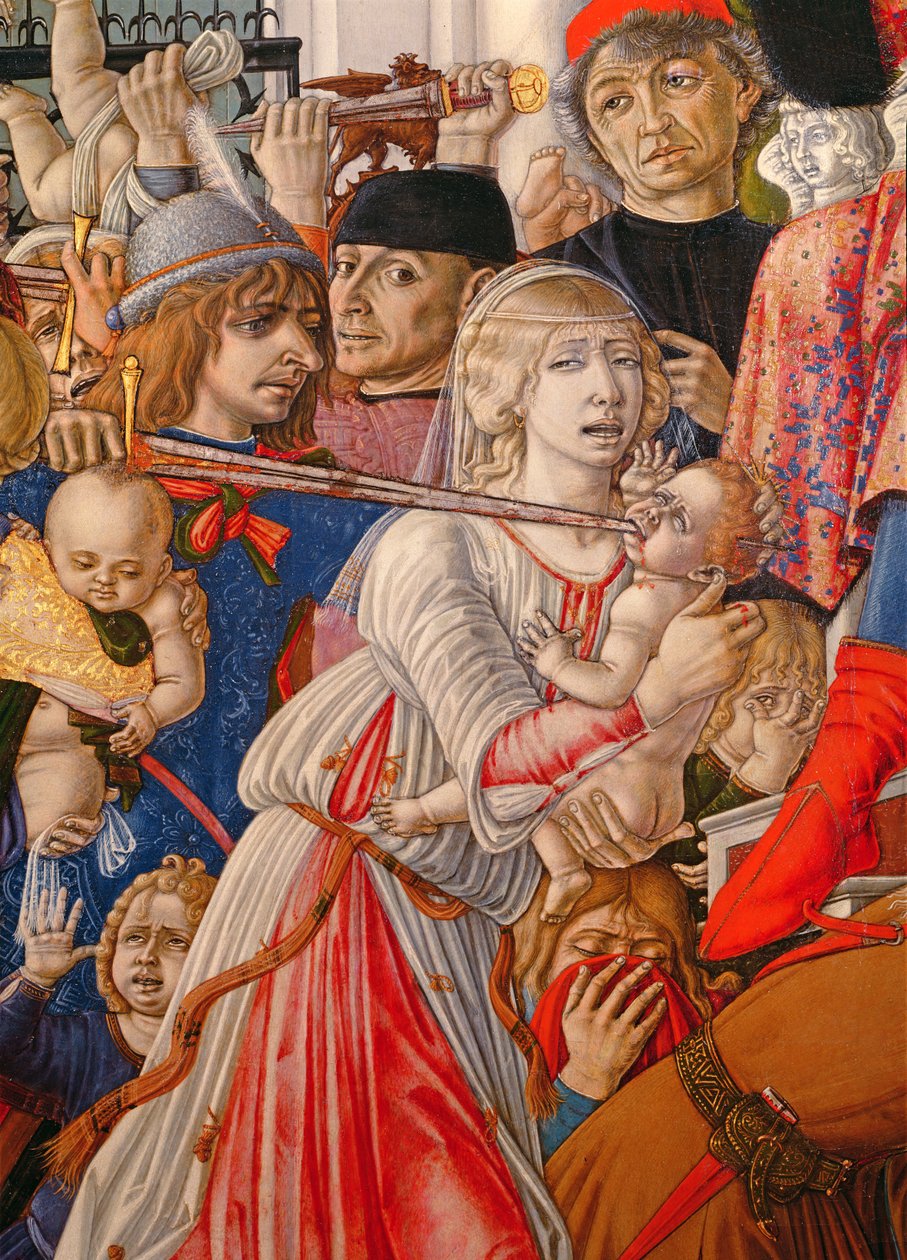 Rzeź niewiniątek, fragment żołnierza przebijającego mieczem dziecko, 1482 tempera na elemencie panelu z 106233 autorstwa Matteo di Giovanni di Bartolo