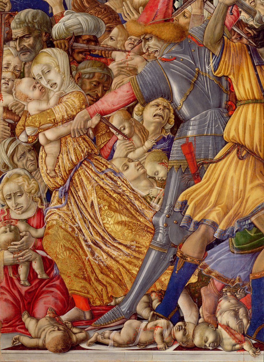 Masakra niewinnych, fragment żołnierza przygotowującego się do dźgnięcia dziecka i otaczająca go rzeź, 1482 tempera na elemencie panelu z 106233 autorstwa Matteo di Giovanni di Bartolo