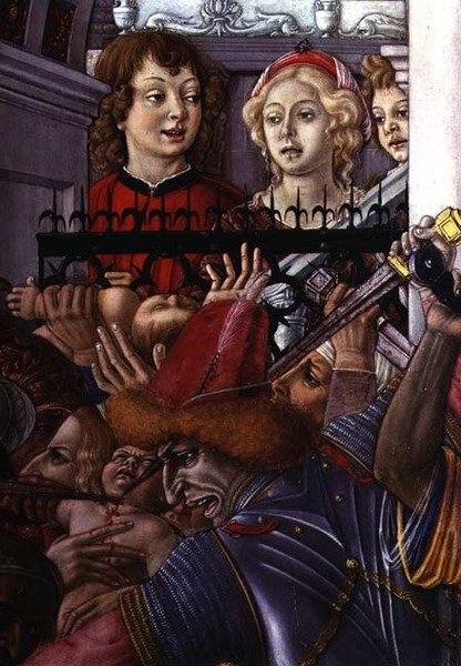 Masakra niewiniątek, szczegół przedstawiający dwóch gapiów obserwujących rzeź z pałacu autorstwa Matteo di Giovanni di Bartolo
