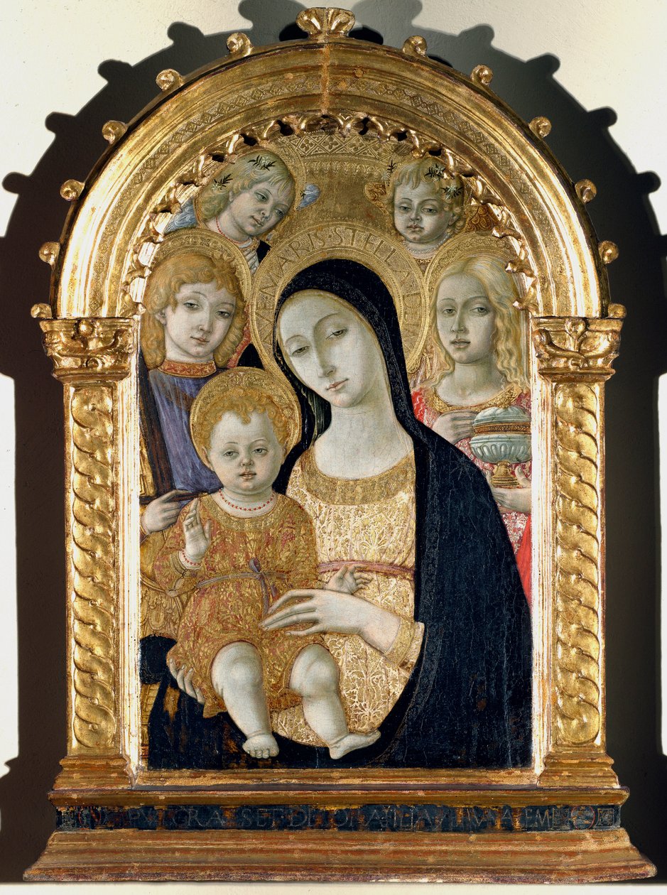 Dziewica z Dzieciątkiem Jezus, Święty Michał, Święta Maria Magdalena (Malarstwo na drewnie) autorstwa Matteo di Giovanni di Bartolo