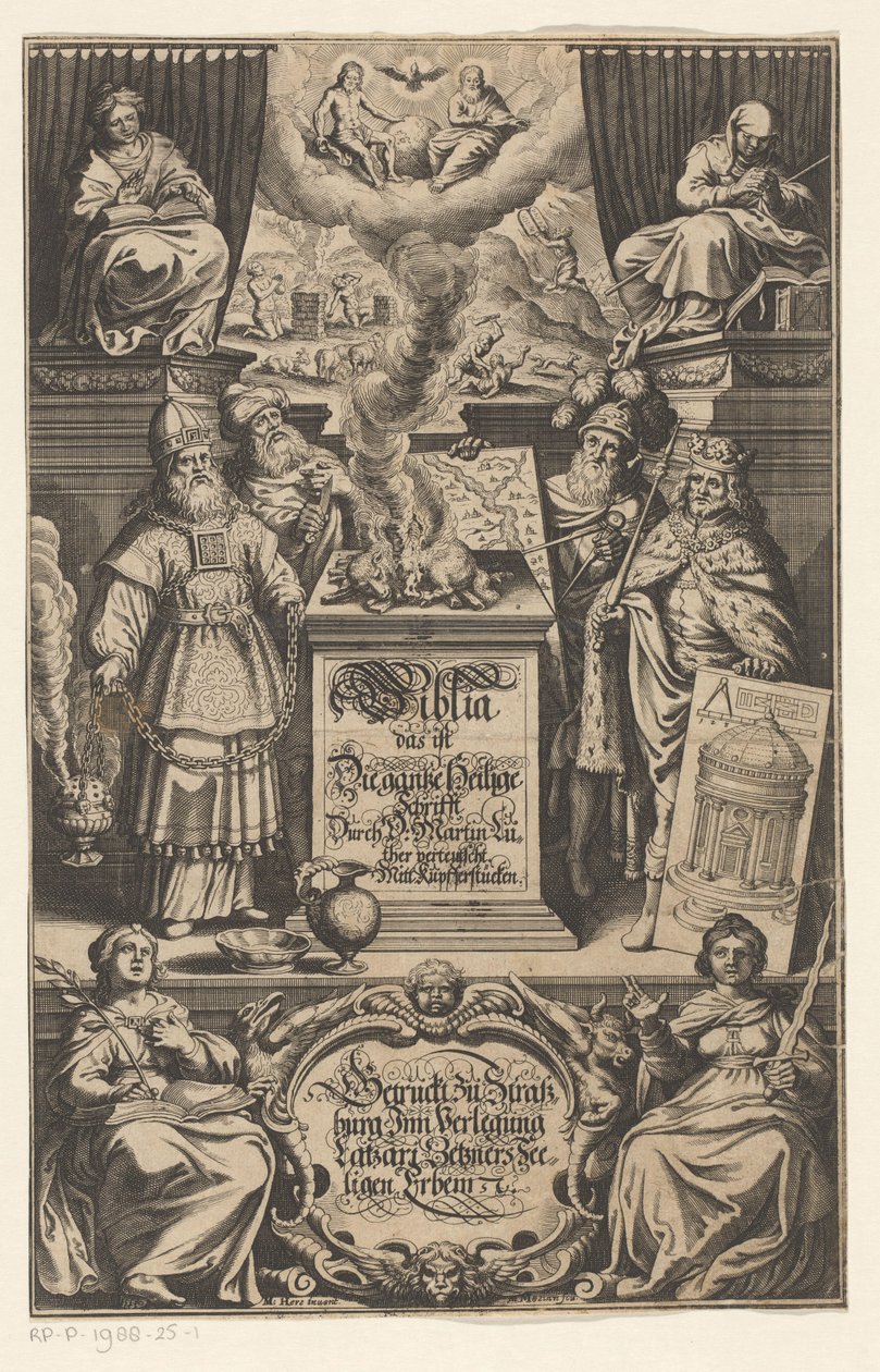 Zaoferuj van lam czterem mężczyznom Strona tytułowa dla: Marcin Luter. Biblia czyli całe Pismo Święte w tłumaczeniu D. Martina Luthera, s.a. autorstwa Matthäus Merian (I)