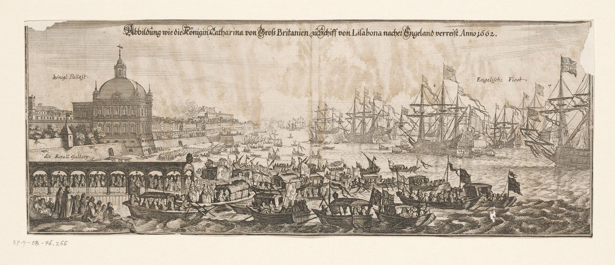 Wylot floty z Katarzyną z Bragança do Anglii, 20 kwietnia 1662 Abbildung wie die Königin Catharina von Gross Britanien zu Schiff von Lisabona nacher podróżuje do Anglii. Anno 1662 (tytuł na obiekcie) Małżeństwo Katarzyny Bragança i En autorstwa Matthäus Merian (II)