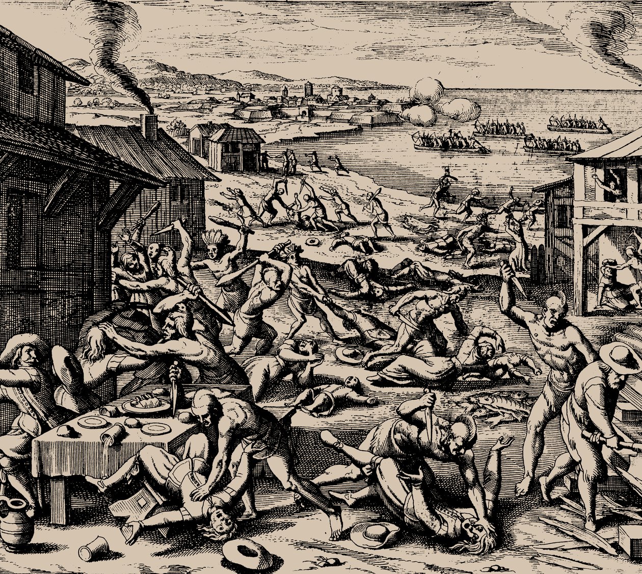 Atak Powhatan 22 marca 1622, 1628. autorstwa Matthaus the Elder Merian