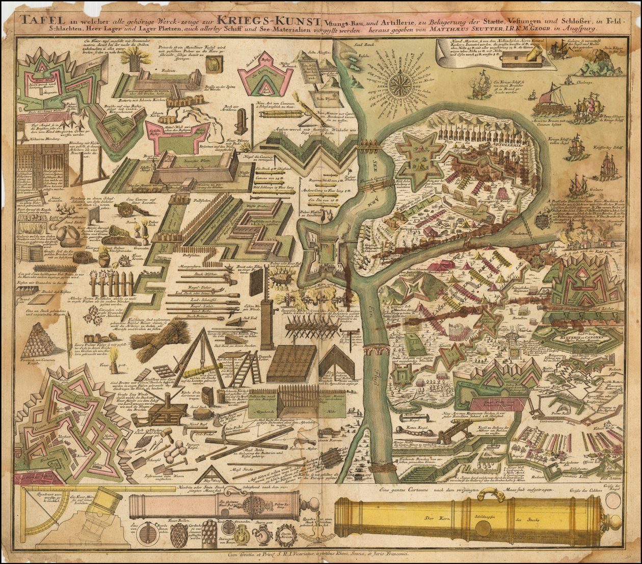 Alegoryczna mapa Seuttera z 1720 r. przedstawiająca sztukę wojenną na lądzie i morzu autorstwa Matthäus Seutter