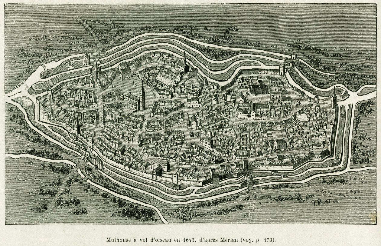 Miluza leci w 1642. Grawer Matthausa Meriana (1593-1650) ilustrujący historię A Przez Alzację i Lotaryngię, autorstwa Charlesa Grada, niemieckiego zastępcy, w 1885, w tour du monde 1886, reżyserowanym przez Edouarda Chartona (1807-1890) , Hachette, Paryż. autorstwa Matthaus the Elder (after) Merian