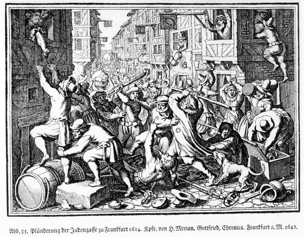 Splądrowanie Alei Żydowskiej podczas zamieszek Fettmilcha we Frankfurcie 22 sierpnia autorstwa Matthaus the Elder (after) Merian
