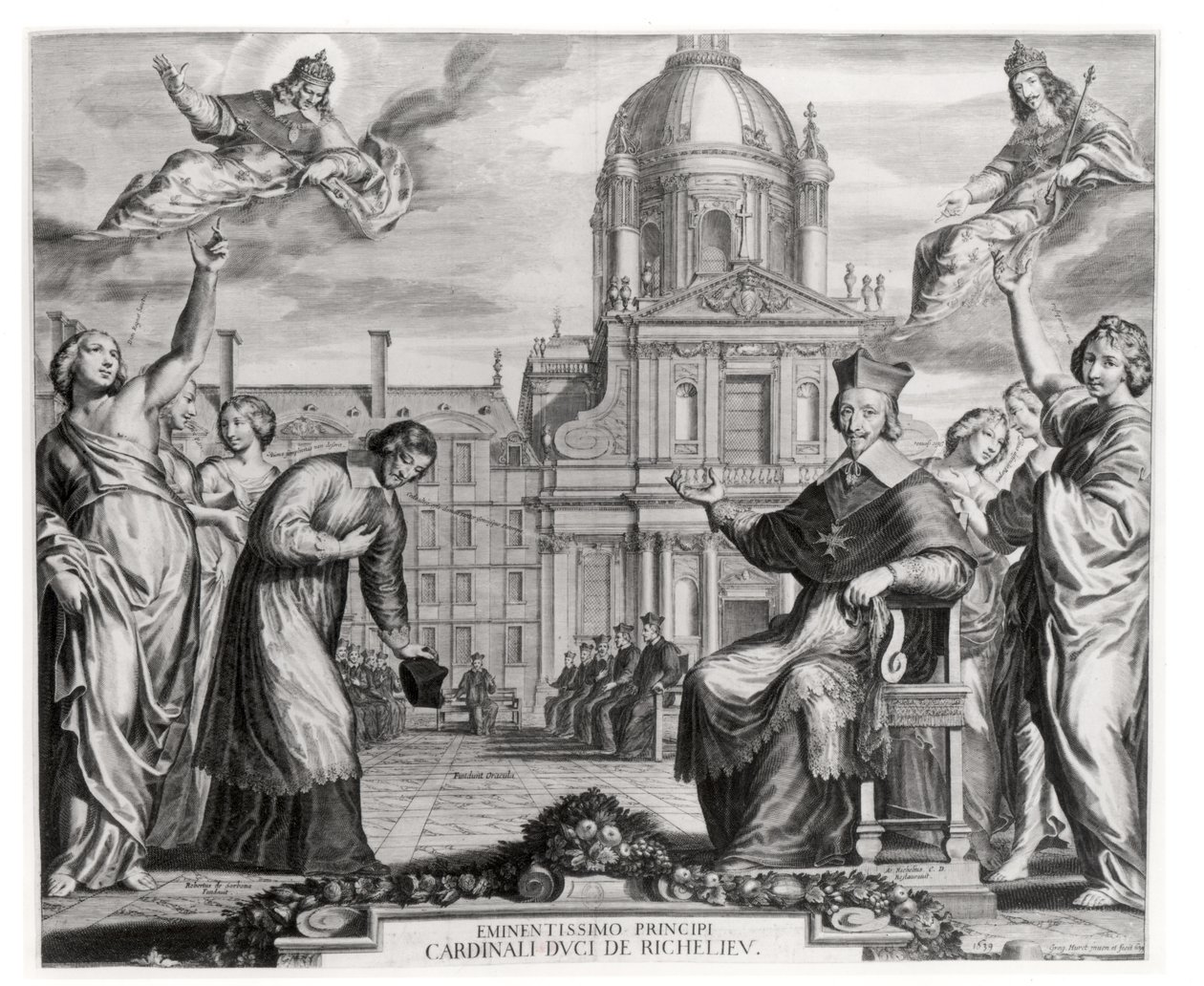 Robert de Sorbon (1201-94) i kardynał Richelieu (1575-1642) przed Sorboną, ryty przez Gregoire Huret (1606-70) 1639 autorstwa Matthaus the Elder Merian