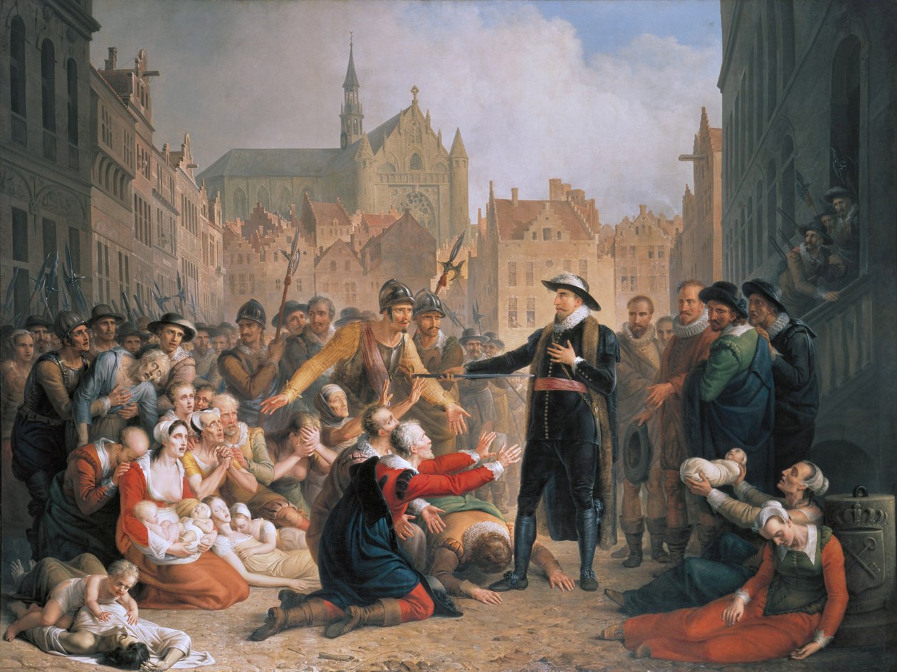 Burgomaster van der Werf ofiarowuje swój miecz mieszkańcom Leiden autorstwa Mattheus Ignatius van Bree