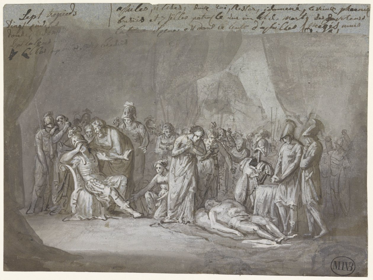Zwłoki Patroklosa w namiocie Achilles opłakiwały żałobę autorstwa Mattheus Ignatius van Bree