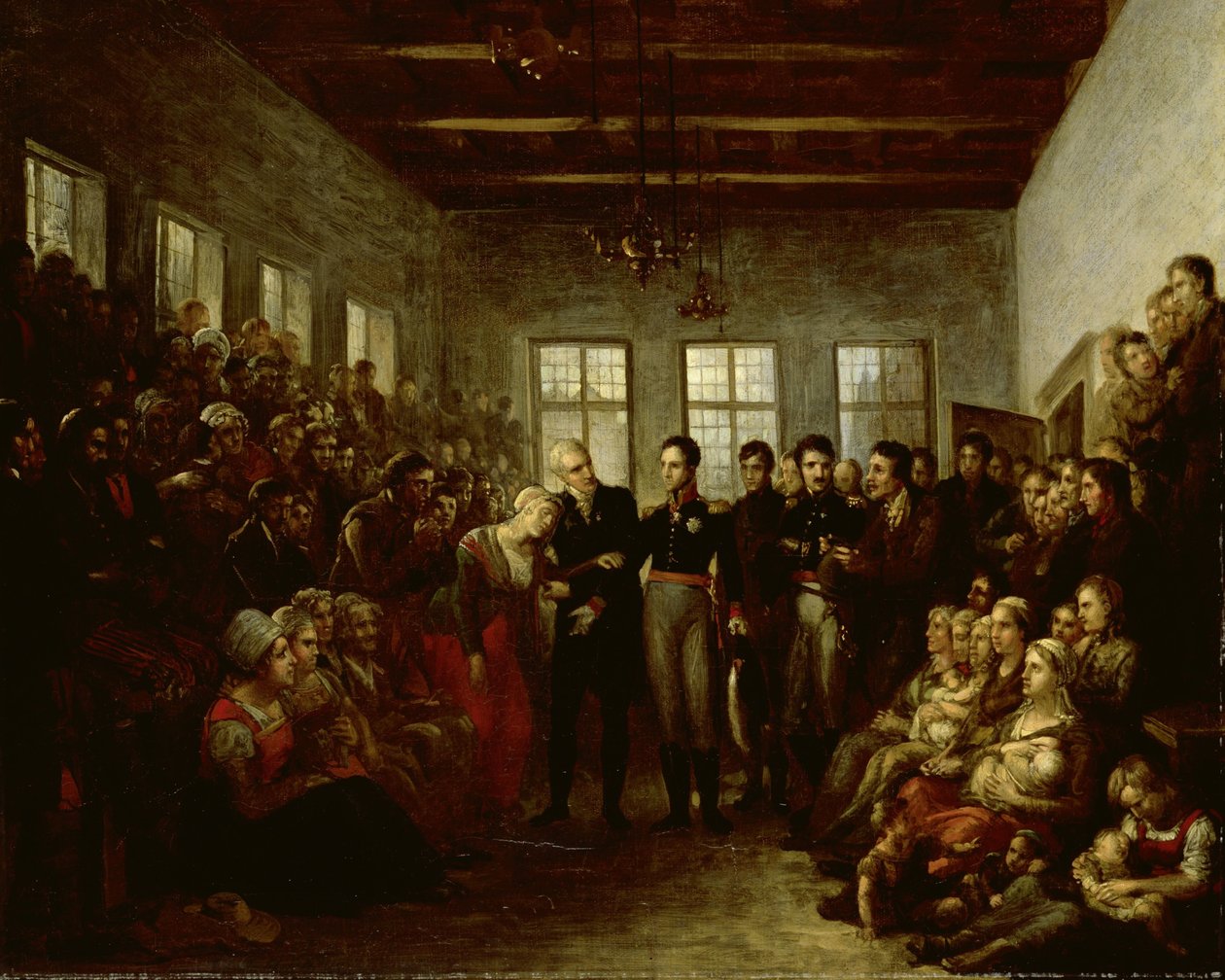Książę Orange odwiedzający ofiary powodzi w sierocińcu Almoners w Amsterdamie, 14 lutego 1825 r. autorstwa Mattheus Ignatius van Bree