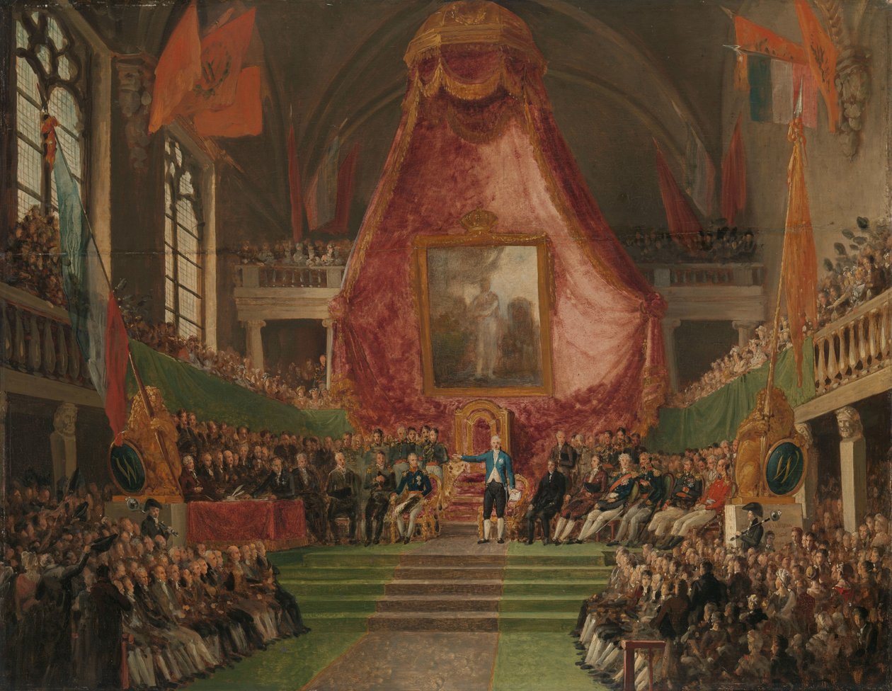 Uroczysta inauguracja Uniwersytetu w Gandawie przez księcia Orange w sali tronowej ratusza 9 października 1817 r. autorstwa Mattheus Ignatius van Bree