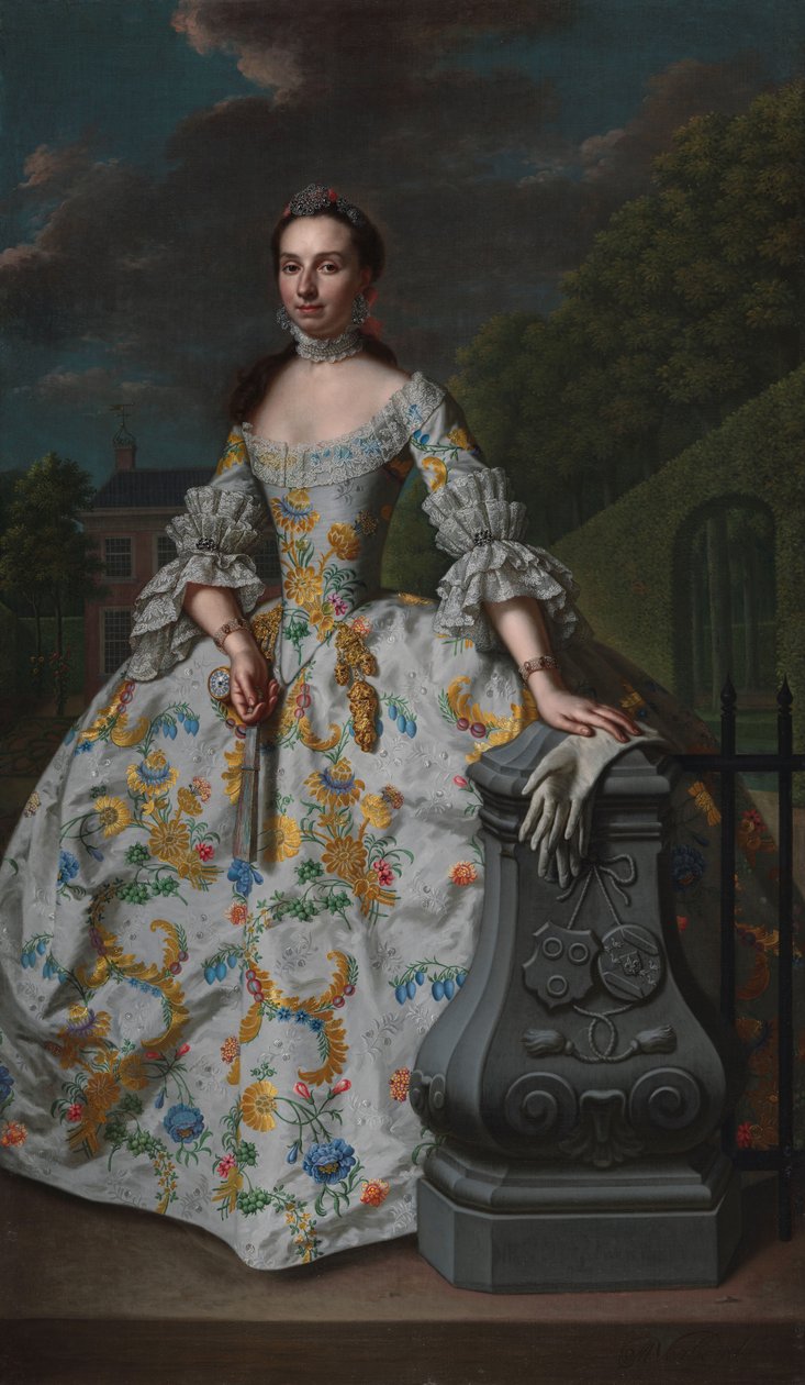 Portret Charlotte Beatrix Strick van Linschoten Portret Charlotte Beatrix Strick van Linschoten (ur. 1732), drugiej żony Gerarda Cornelisa van Riebeecka, prawdopodobnie stojącej przed swoim wiejskim domem Eemwijck w Voorburgu autorstwa Mattheus Verheyden