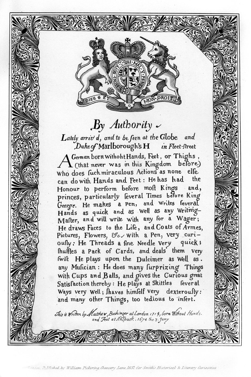 Kaligraficzny rachunek wystawowy Mateusza Buchingera, Krasnoluda z Norymburga, 1717, 1840 autorstwa Matthew Buchinger
