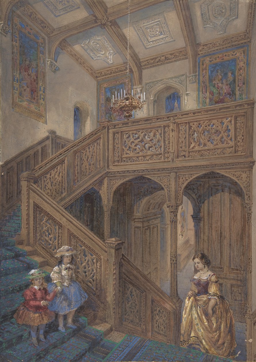 Projekt schodów prostych w stylu Jakuba, Projekt elementów architektonicznych odwrócony, ca. 1867. autorstwa Matthew Digby Wyatt