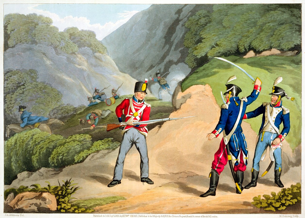 „Brytyjski żołnierz biorący dwóch francuskich oficerów w bitwie pod Pirenejami”, 1813 1816 autorstwa Matthew Dubourg