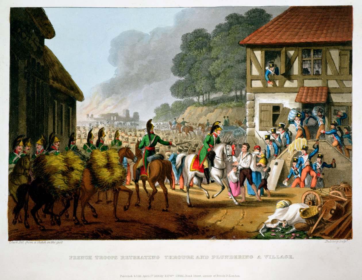 „Francuskie wojska wycofują się i plądrują wioskę”, 1816 r. autorstwa Matthew Dubourg