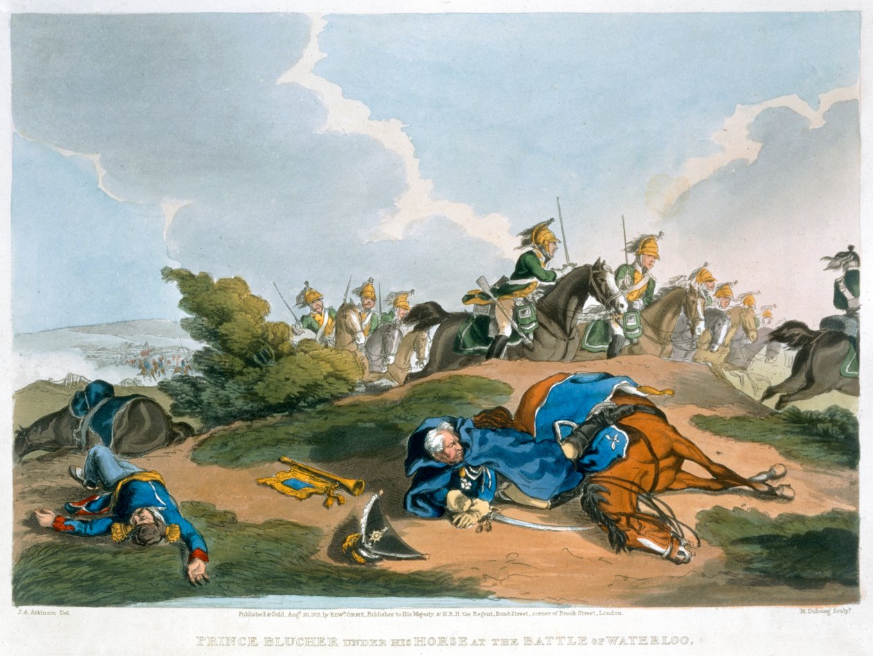 „Książę Blucher pod swoim koniem w bitwie pod Waterloo”, 1815 autorstwa Matthew Dubourg