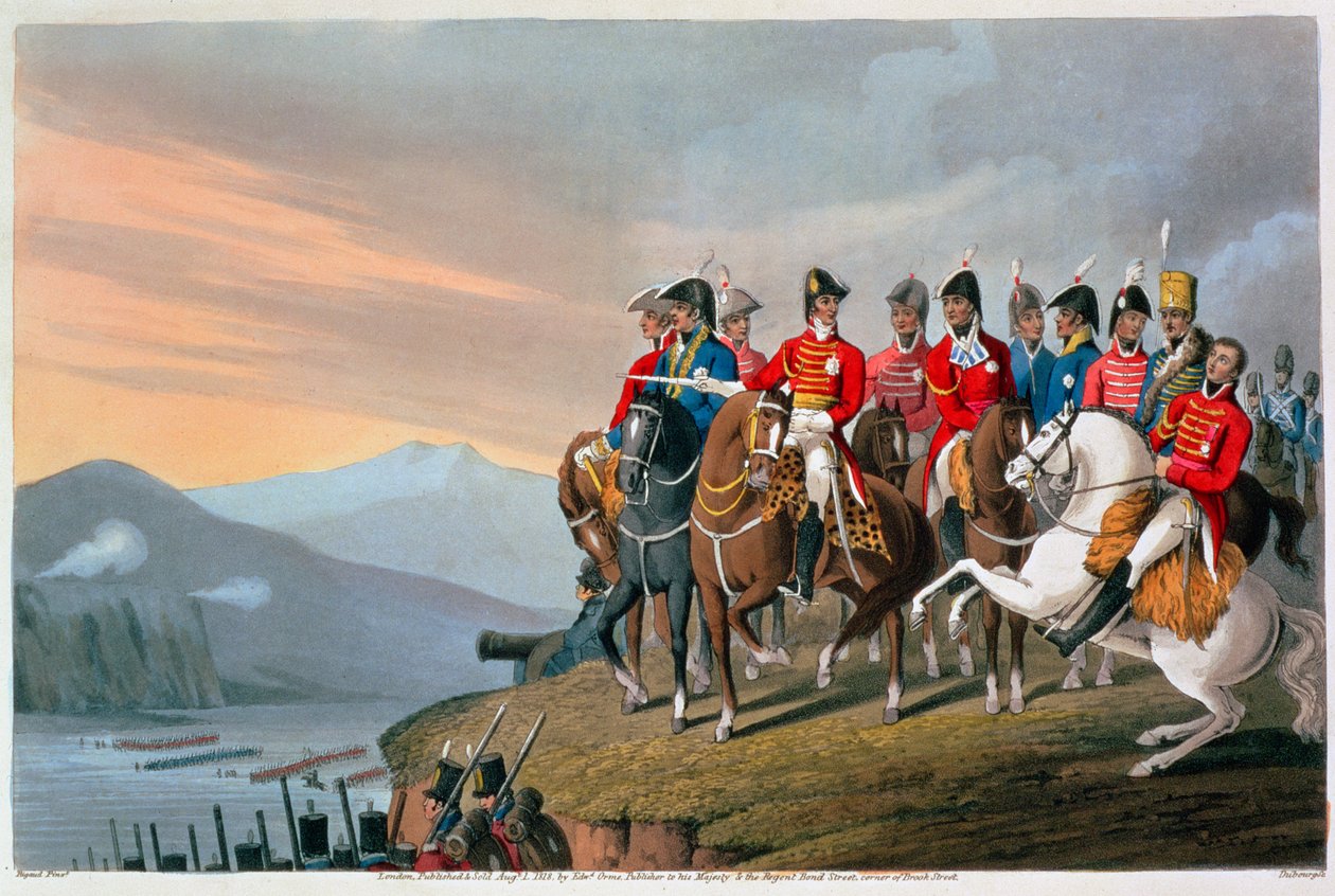 „Książę Wellington i jego sztab przekracza Bidassoa i wjeżdża do Francji”, 1813 1816 autorstwa Matthew Dubourg