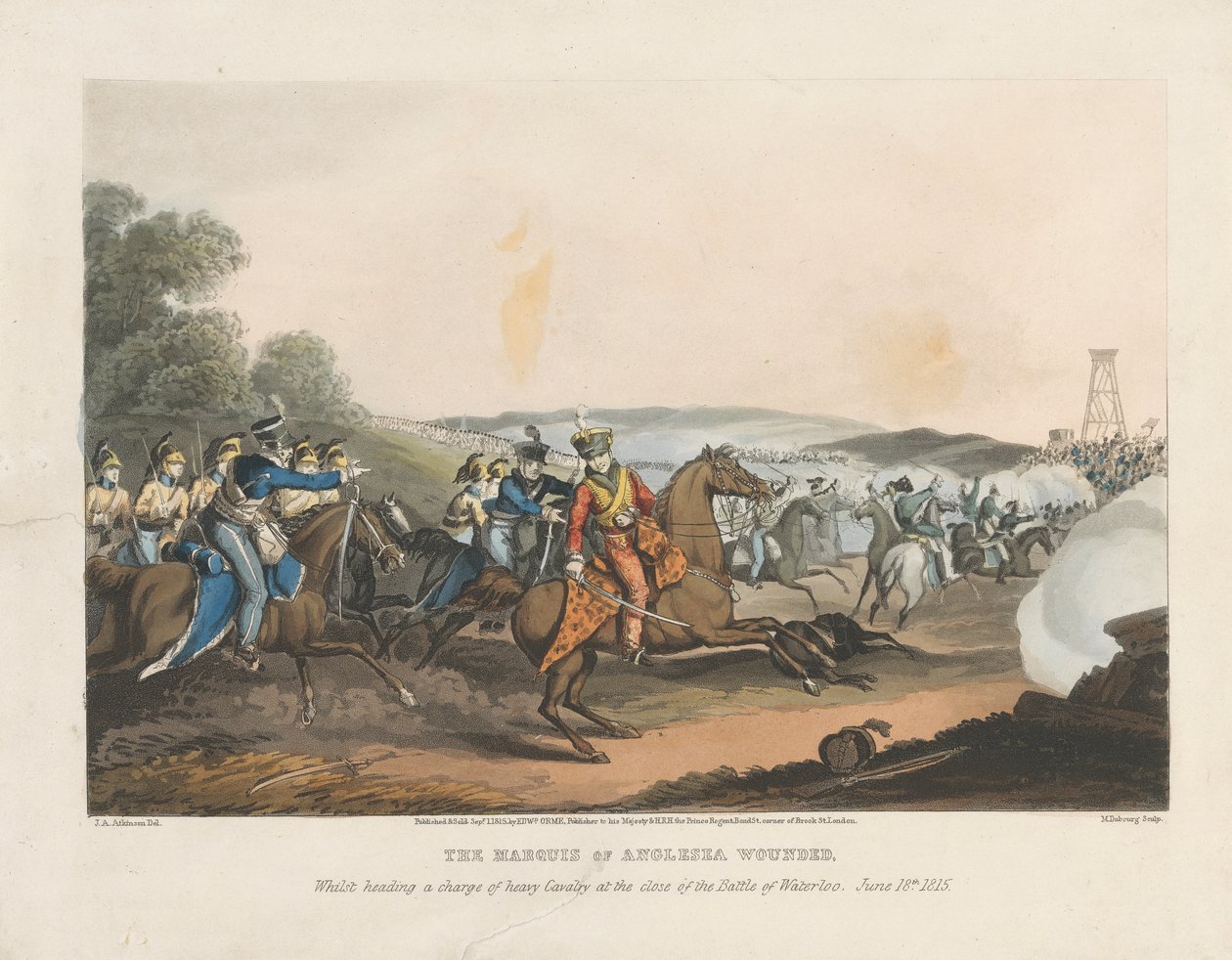 Markiz Anglesey ranny podczas prowadzenia szarży ciężkiej kawalerii pod koniec bitwy pod Waterloo, 18 czerwca 1815 r. autorstwa Matthew Dubourg