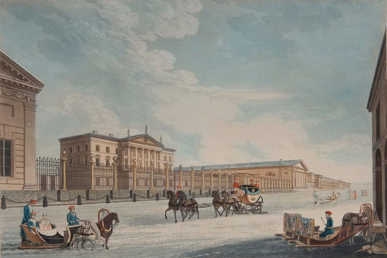 Widok Banku Cesarskiego i Sklepów w Petersburgu, 1815 r. autorstwa Matthew Dubourg