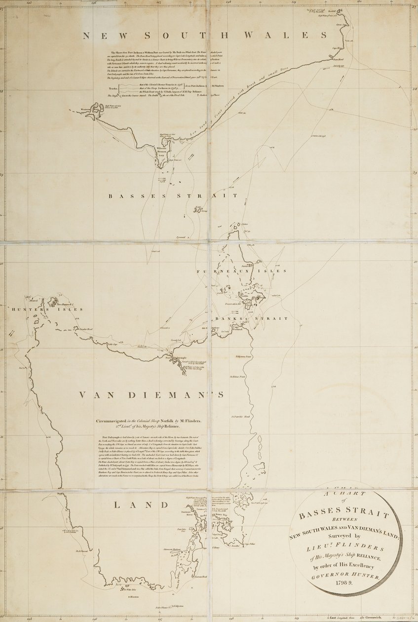 Mapa Cieśniny Bassa między Nową Południową Walią a Ziemią Van Diemansa, sporządzona przez porucznika Flindersa z HMS "Reliance" na polecenie ... Gubernator Hunter autorstwa Matthew Flinders