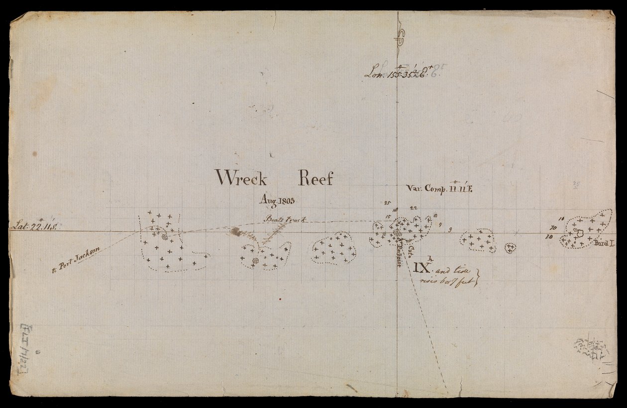 Z grubsza naszkicowana mapa "Wreck Reef" z 1803 r. ze zbioru notatek technicznych i korespondencji Admiralicji autorstwa Matthew Flinders