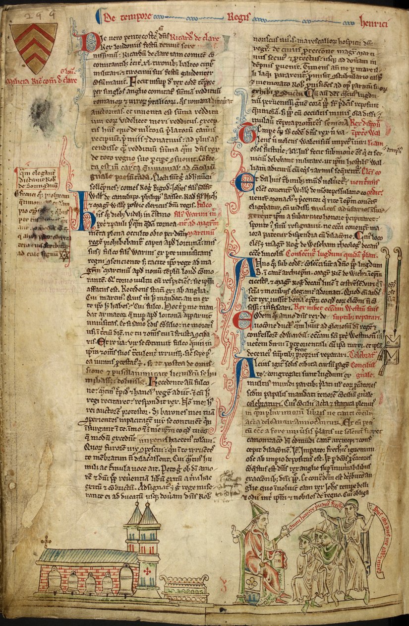 Royal 14C VII, f.138v Opactwo Westminsterskie i Sanktuarium św. Edwarda; po prawej papież Innocenty IV na soborze w Lyonie, ilustracja z „Historii Anglorum” autorstwa Matthew Paris