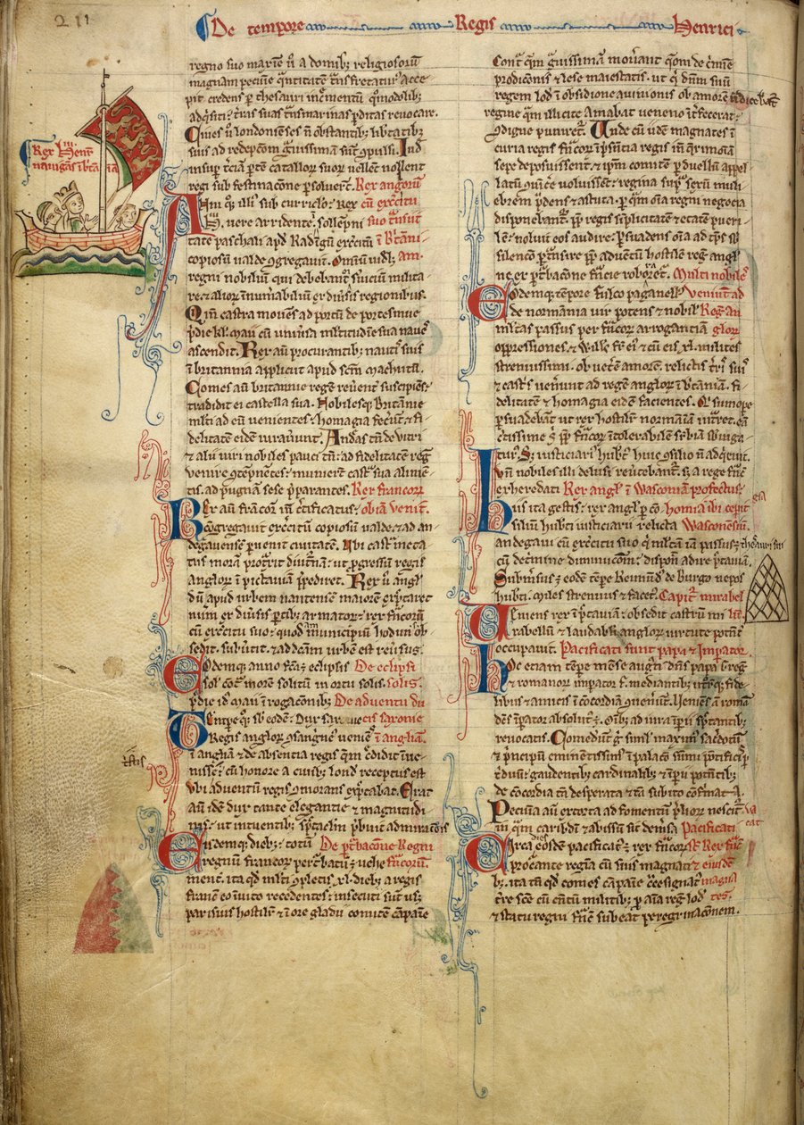 Royal 14 C. VII, f.116v Rysunek na marginesie przedstawiający króla Henryka III płynącego przez kanał La Manche do Bretanii, z fragmentem tekstu własnoręcznego autora, ilustracja z „Historii Anglorum” autorstwa Matthew Paris