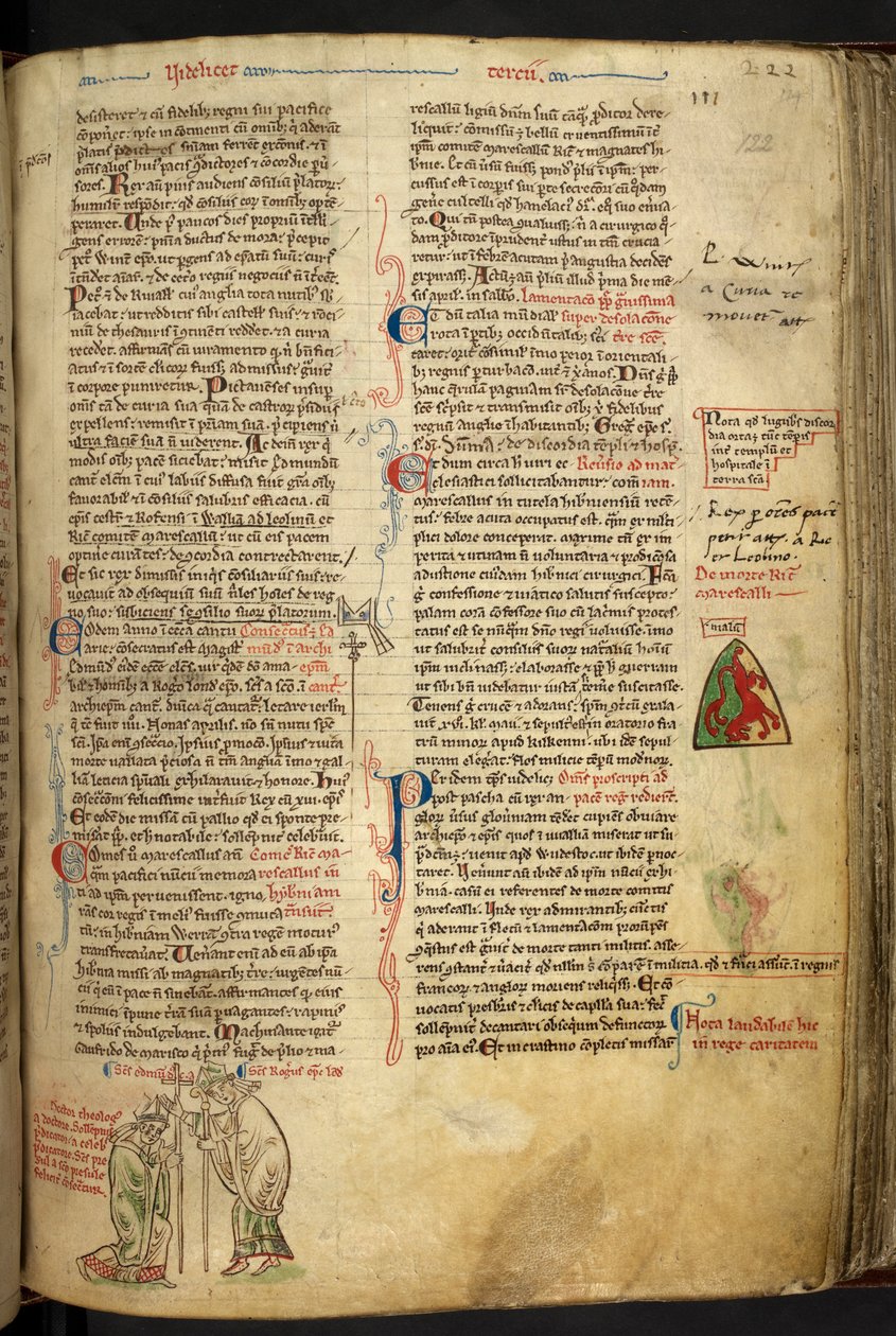 Royal 14 C. VII f. 122r Roger Nigel, biskup Londynu, konsekrujący Edmunda z Abington na arcybiskupa Canterbury; autorstwa Matthew Paris